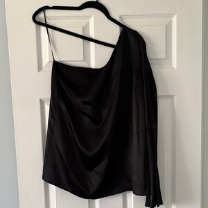 Parker Black Satin One-Shoulder Top with Hot Pink Tag Detail